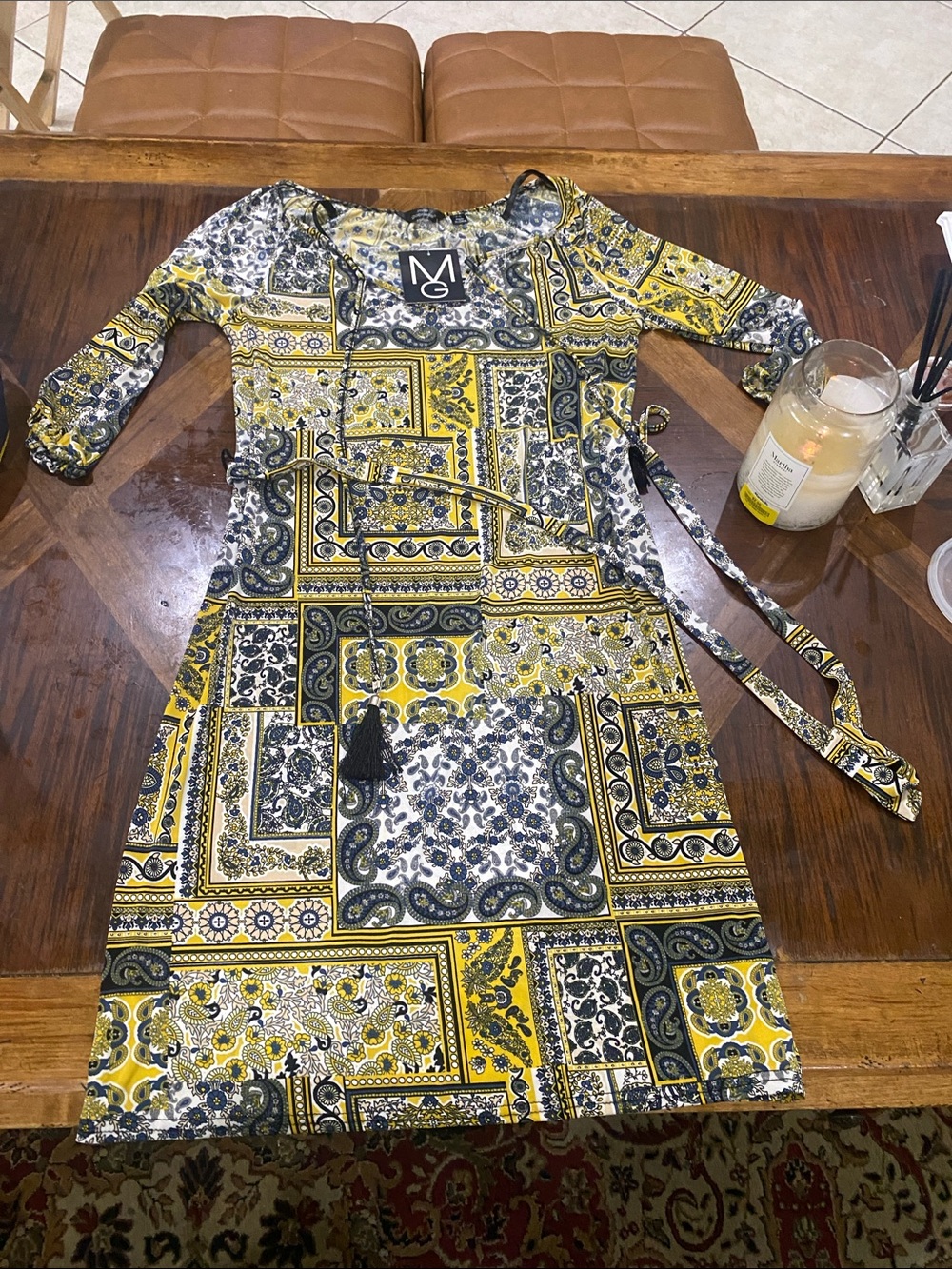 Mlle Gabrielle Yellow and Navy Patchwork Tie-Waist Dress